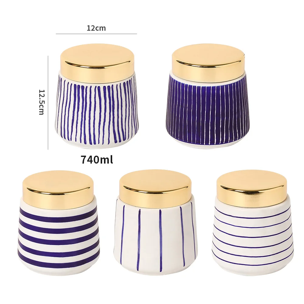 25oz Blue and White Porcelain Candy Pot Ceramic Sealed Food Storage Canisters Home kitchen Jar with Golden Lid