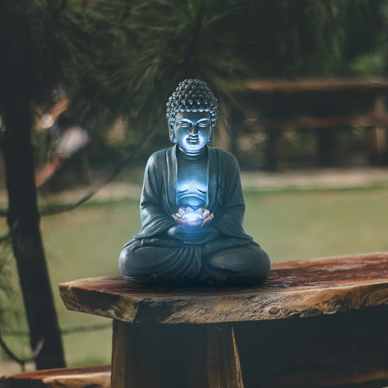 solar buddha lamp,gray buddha statue,garden buddha light