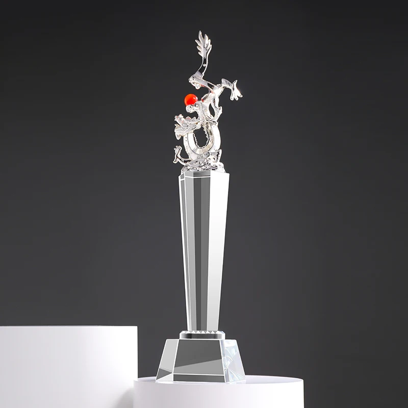 Slap-up Gold Metal Dragon Statue Customized Art Crystal Base Trophy Award With Gift Box