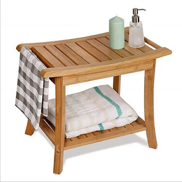 Bamboo  Bench  with Waterproof Storage Shelf Seat Bamboo Shower Spa Seat Chair  For Bathroom,Bedroom,Living Room