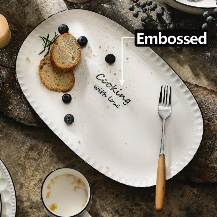 Wholesale european modern elegant customized logo embossed kitchen bowl dishes white ceramic dinnerware sets luxury dinner set