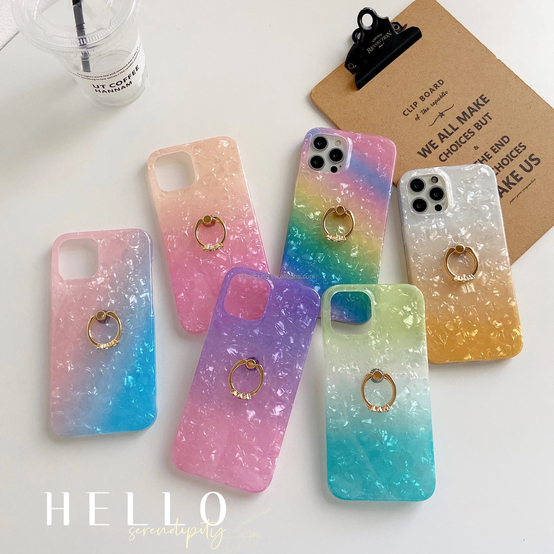 Gradient Shell  Fashion Phone Case with Ring Holder  For iPhone 11 12 Pro Max X XR Xs Max 7 8 Plus  Phone Case Cover
