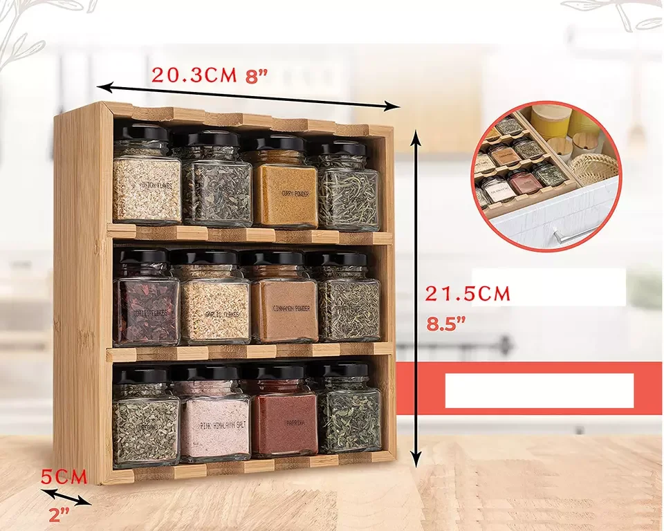 space-saving,12-Cube Bamboo Inspirations Spice Rack with glass jars Shelf Organizer can stand and hang on the wall