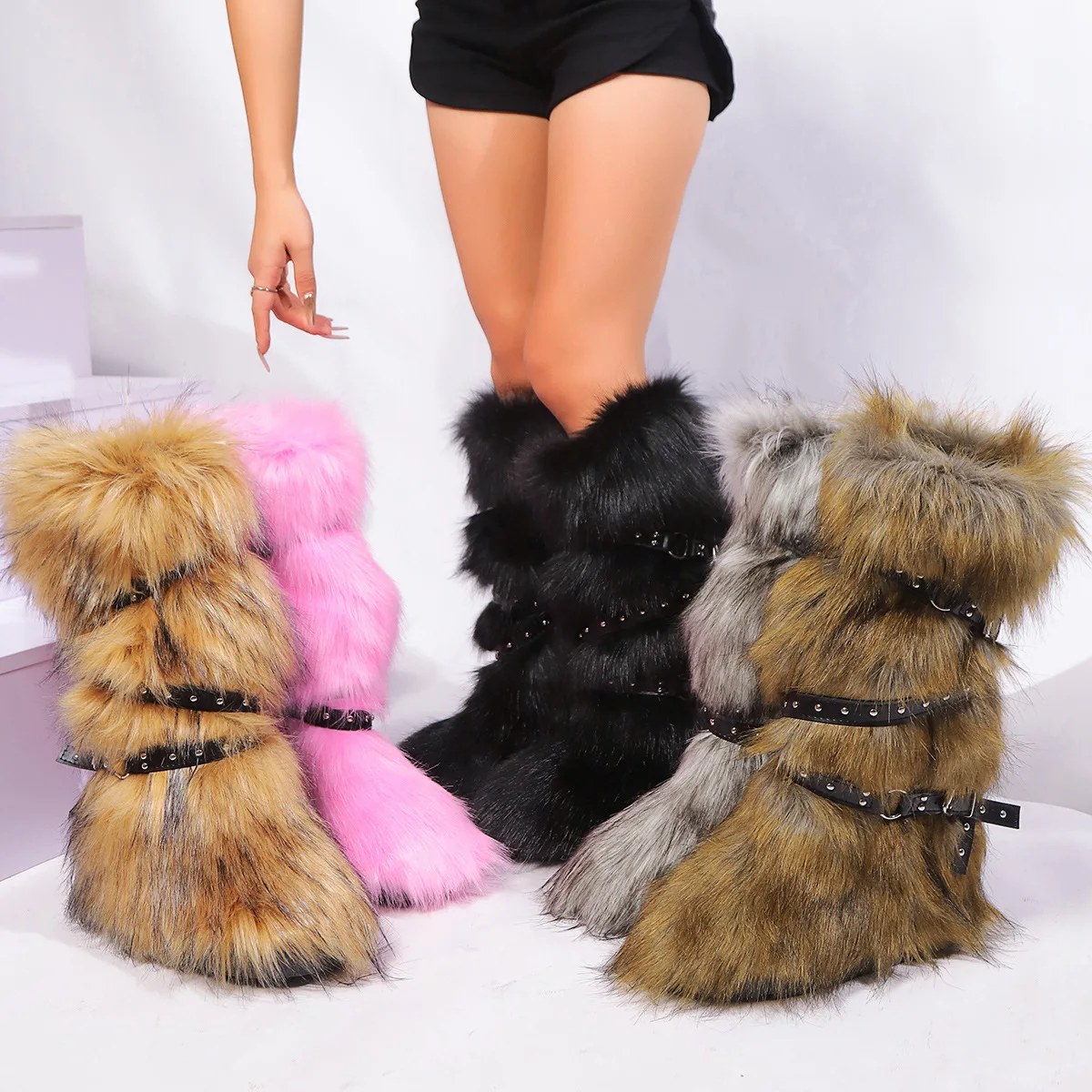 2024 luxury ladies Faux Fur Wedge Platform Knee High Boots winter Brown Spice Girl Cross Belt Buckle furry snow boots for women