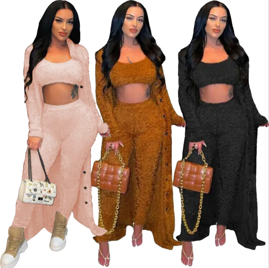2022 Women Outfit Fall Winter Clothing Faux Fur Jacket Sexy Casual Teddy Coat Long Cardigan Loungewear Three Piece Pants Set