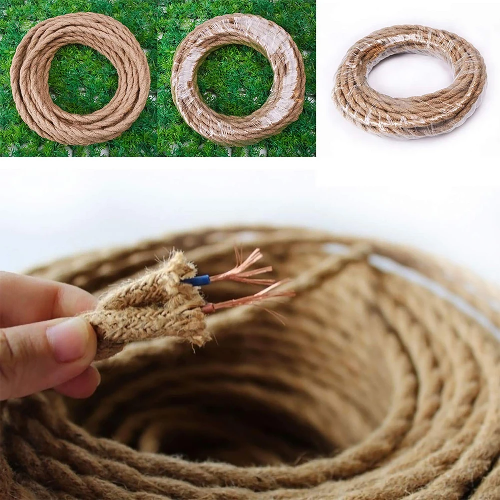 jute rustice hemp rope fabric linen electrical cable textile wire solid cotton cord 2 core for Decorative Pendant