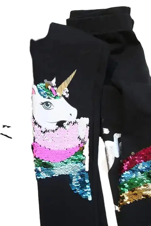 Детские облегающие брюки, черные леггинсы с блестками и радужным принтом единорога и фольги для девочек