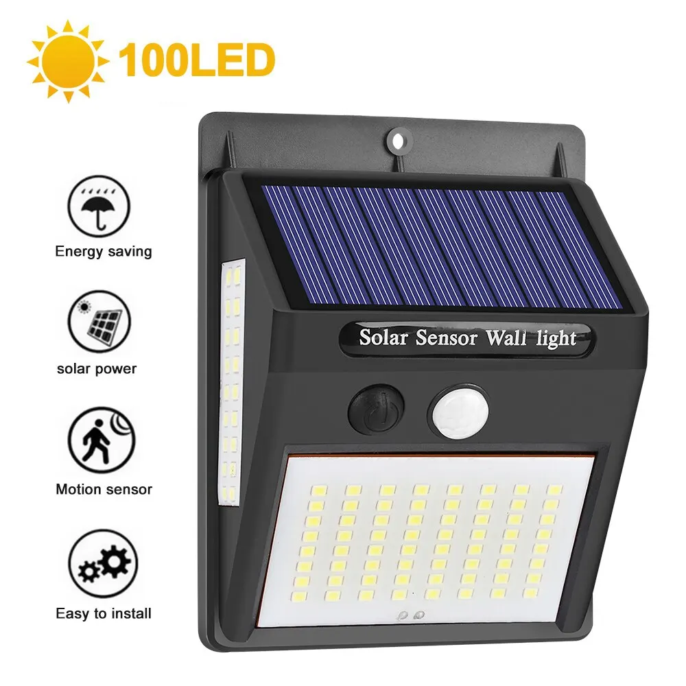 Ningbo 3 sides outdoor lighting pir 100 led bright solar powered wall mounted security light with motion sensor night light