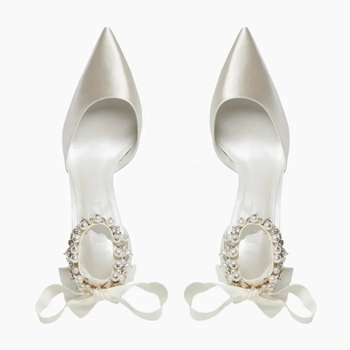 Manufacturer Elegant White Satin Leather Wedding Shoes High Quality Custom Ankle Peals High Heels Bridal Wedding Shoes For Women