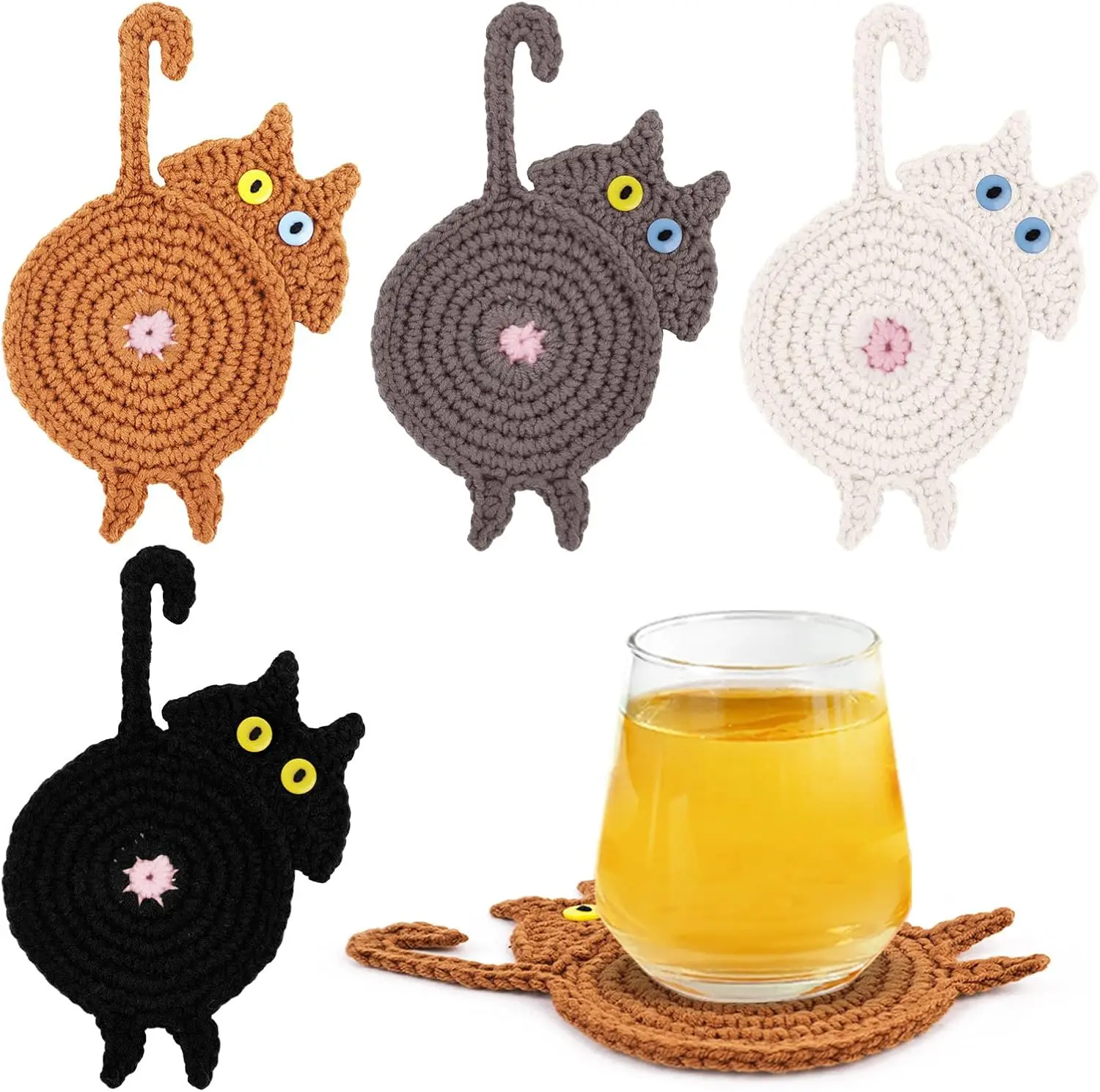Cute Drinks Cat Coasters Crochet Cat Coasters Absorbent Bar Coasters Funny Cat Gifts Home Office Table Decor