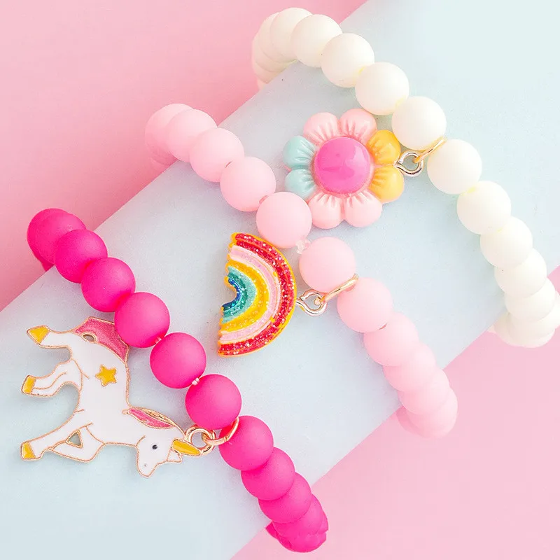 Hot Sale Handmade Pink Acrylic Beads Bracelet Set Cute Cartoon Resin Flower Rainbow Gold Enamel Unicorn Charm Bracelets