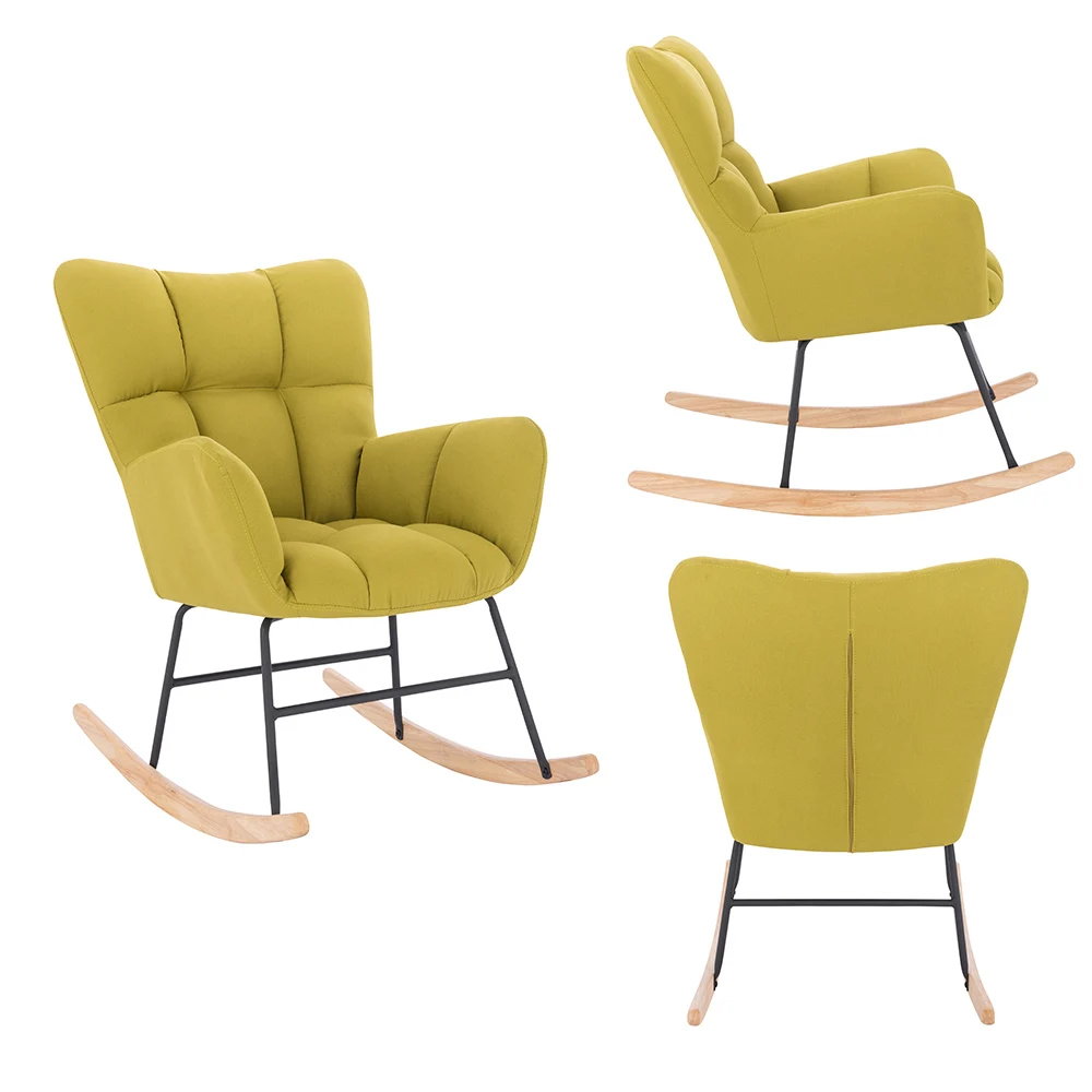 Modern Minimalist Living Room Bedroom Furniture Single Velvet Accent Chair Recliner Relax Wooden Base Rocking Chair