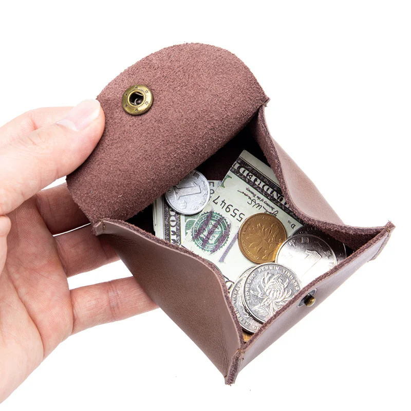 Genuine Cowhide Leather Coin Pouch Square Snap Compact Headphone Earpods Case Bag Cable Organizer Mini Promotional Business Gift