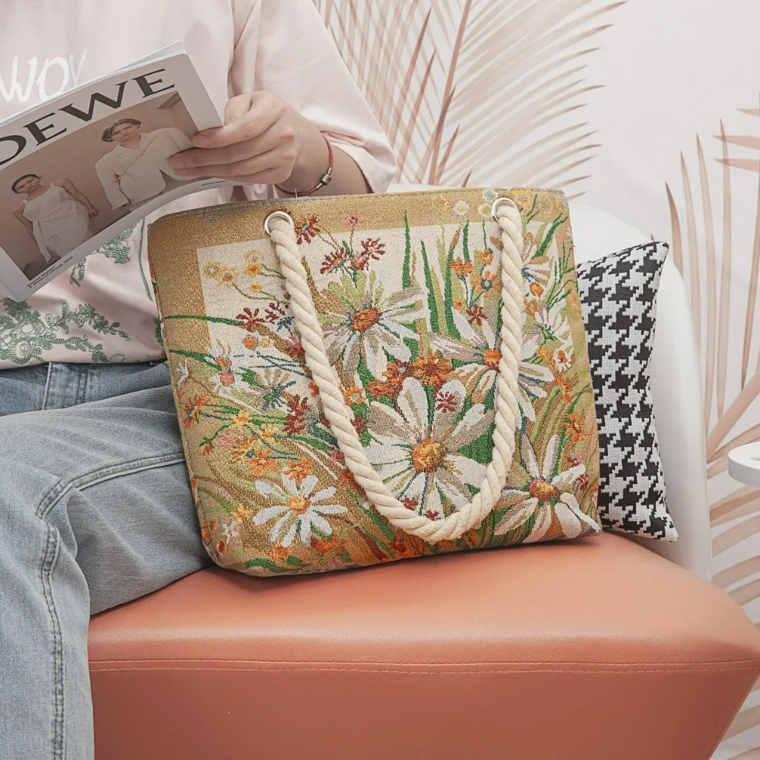 New retro durable daisy handbag double-sided embroidered thick rope handle comfortable tote bag