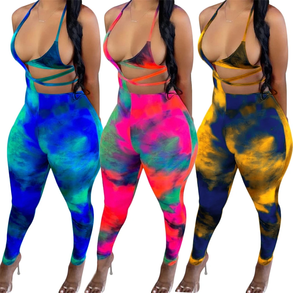 MD-2022051602    sexy bandage fashion sleeveless halter backless tie dye printed womans 2 piece set