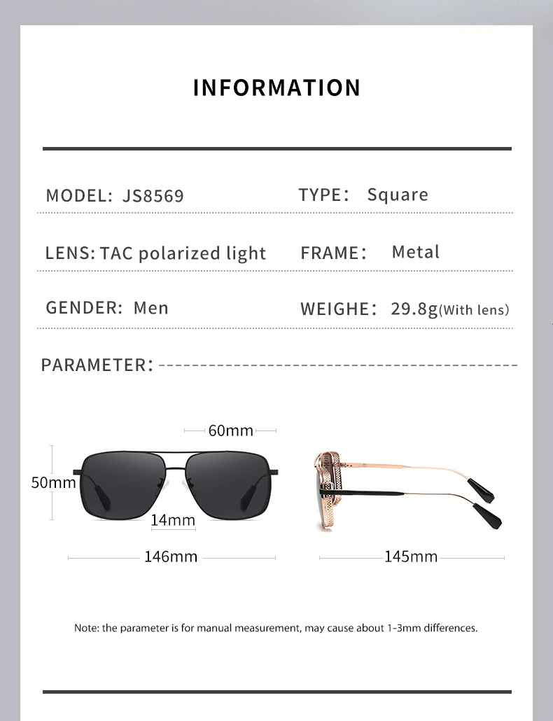 Double Bridge Sunglasses for Men Metal Frame Sun Glasses for Unisex Fashion Cool Sunglasses for Decoration Travelling