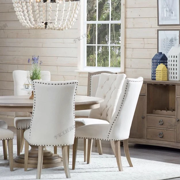 American solid wood dining table and dining chair combination French oak retro round table home antique six table custom