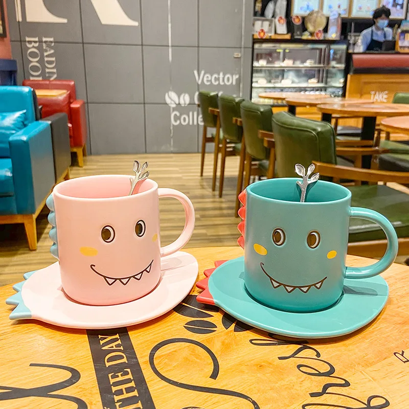 Cartoon cute dinosaur children ceramic cup and saucer set small fresh breakfast couple cup funny expression mug