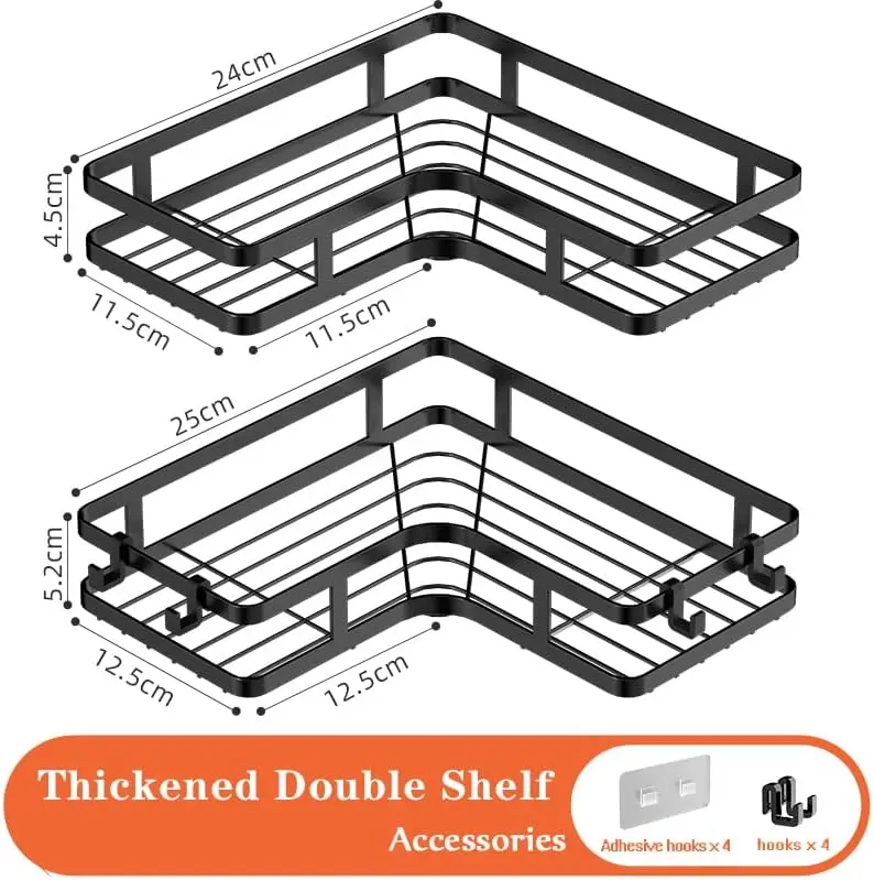 2 Pack Metal  black Adhesive no drilling bathroom corner shelf Adhesive Shelves No Drilling Shower Organiser with 4 Hooks