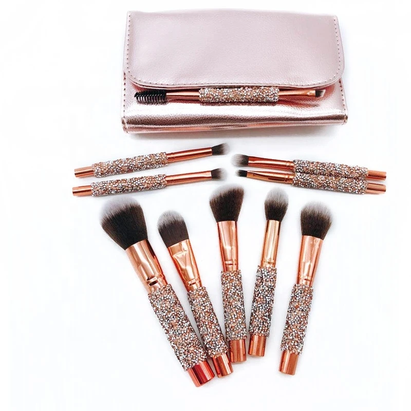 
jewel rose gold face hair piece magnet beauty glam 12pcs sparkling brass ferrule handle wholesale synthetic crystal makeup brush 