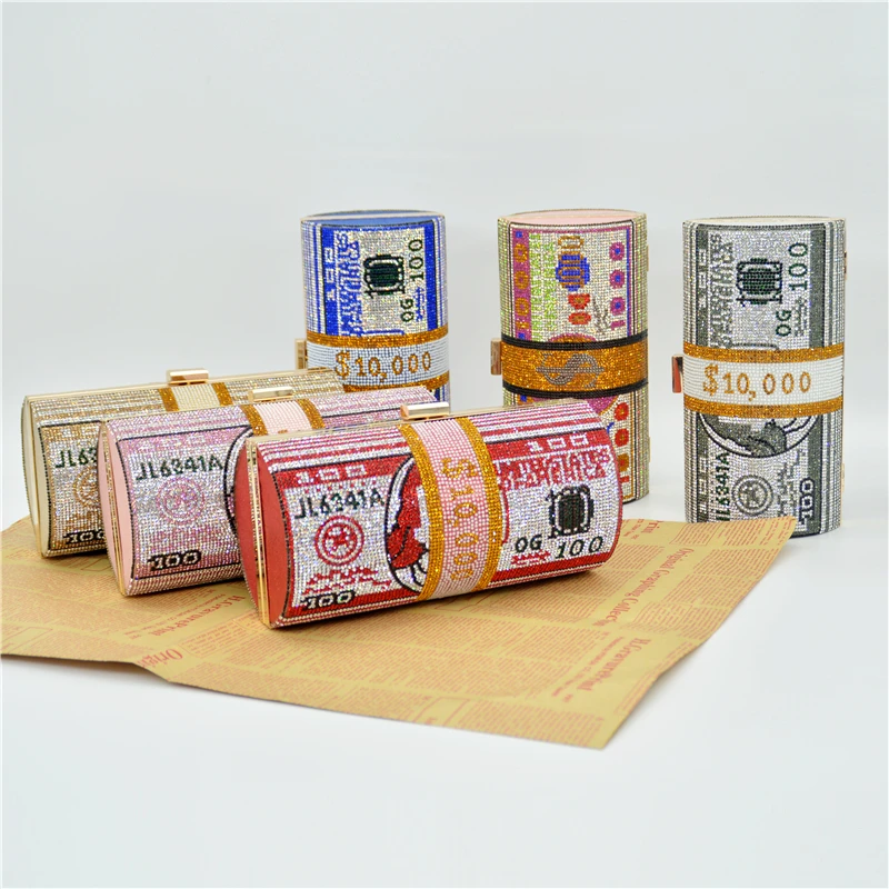 
Luxury $100 Roll Dollars Rhinestone Bling Money Bag Clutch Evening Bag Round Purse Crystals Bling Money Bag Shoulder Purse 