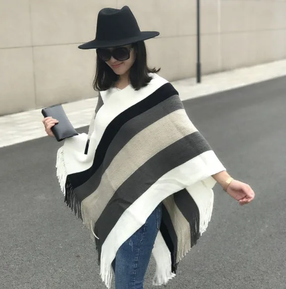 Winter thick acrylic poncho women stripes knit blanket poncho