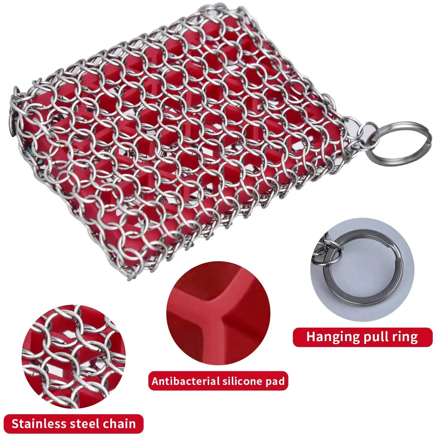 Stainless Steel Kitchen Tool Cleaning Cast Iron with Chain Mail Scrubber With Hollow Silicone Rubber Pad