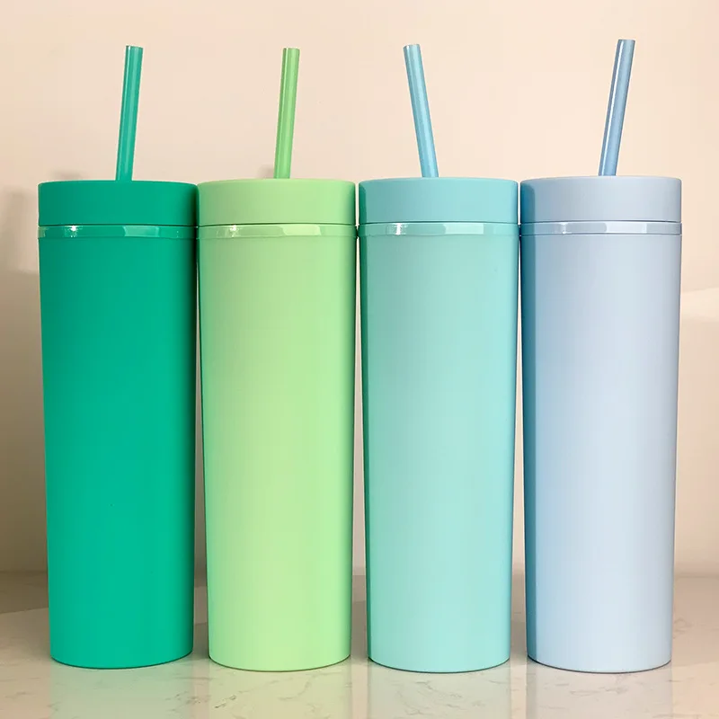 16oz 500ml Water  Coffee Drinking Double Wall Acrylic Plastic Cups Matte Printing Plastic SlimTumbler with Lid and Straw