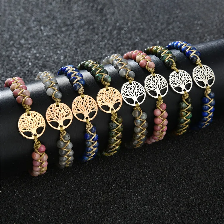 Natural 4mm stone bead braided 2 rows stone african turquoise bracelet tree of life charm adjustable bracelet
