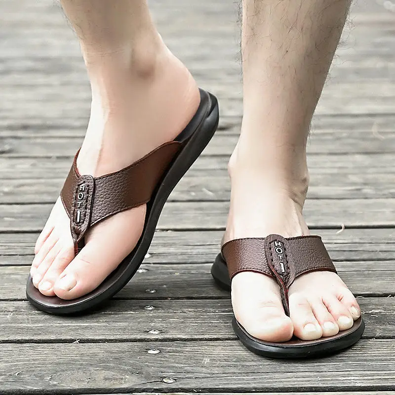 2024 Men Pu Leather Summer Slippers New Fashion Flip-Flops Sandals Beach Shoes Breathable Non-slip Casual Flat Slippers