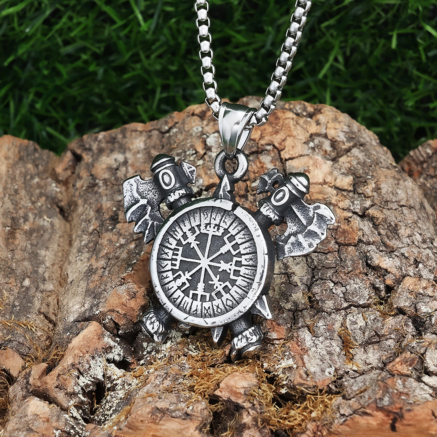 Stainless Steel Norse Viking Celtic Axe Compass Pendant Necklace Stainless Steel Vintage Amulet Viking Jewelry for Men