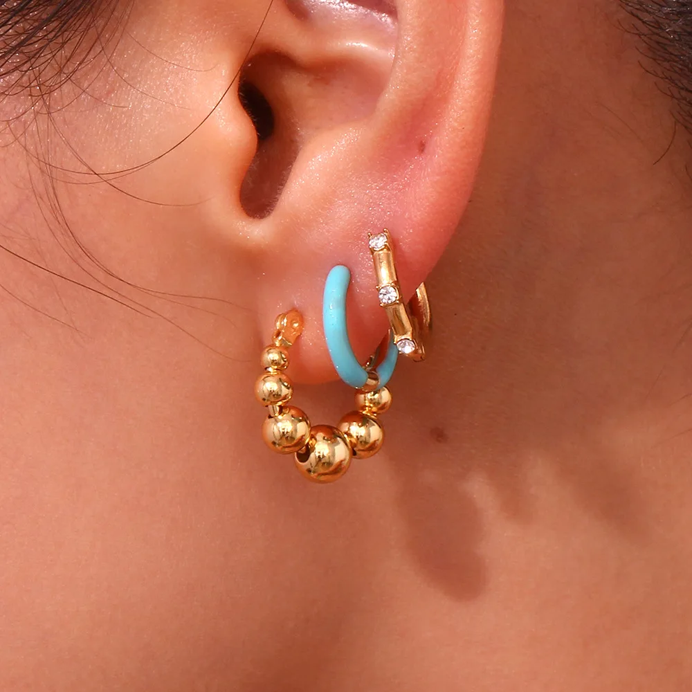 Women Small huggie hoops 18k gold plated earring golden beads hoop earring stainless steel jewelry beaded earrings