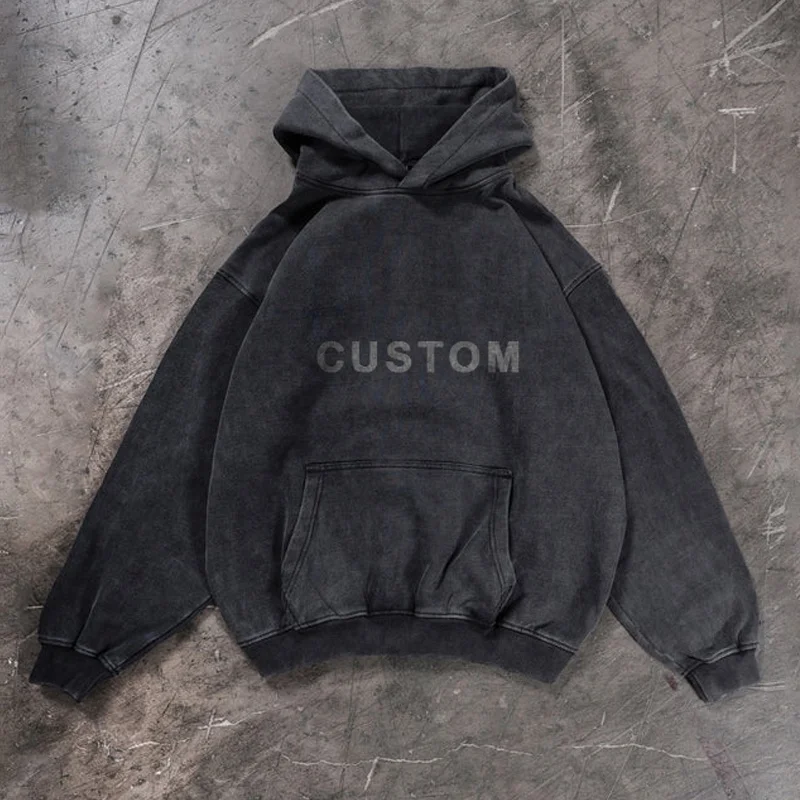 Print On Demand Vintage Blank Essential Hoodie Custom High Quality Sun Faded Black Enzyme Washed Hoodies