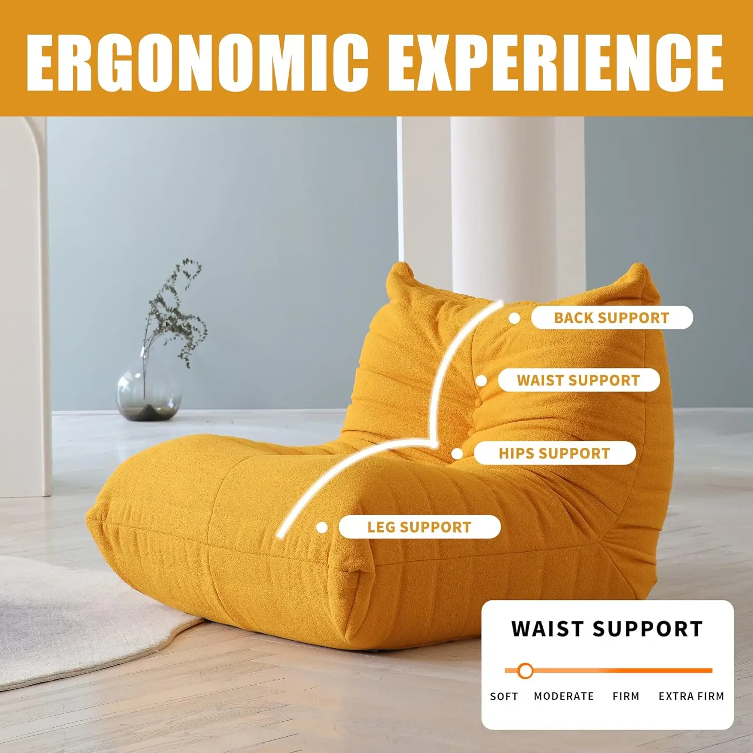 L Shape Modern Style Yellow Velvet Bean Bag Sofa Soft Lounge Accent Chair with Extendable Feature Lazy To Go Floor Sofa