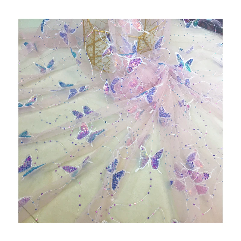 hot sale butterfly sequin tulle fabric 100%polyester bridal tulle luxury colorful shiny lace cloth for wedding dress