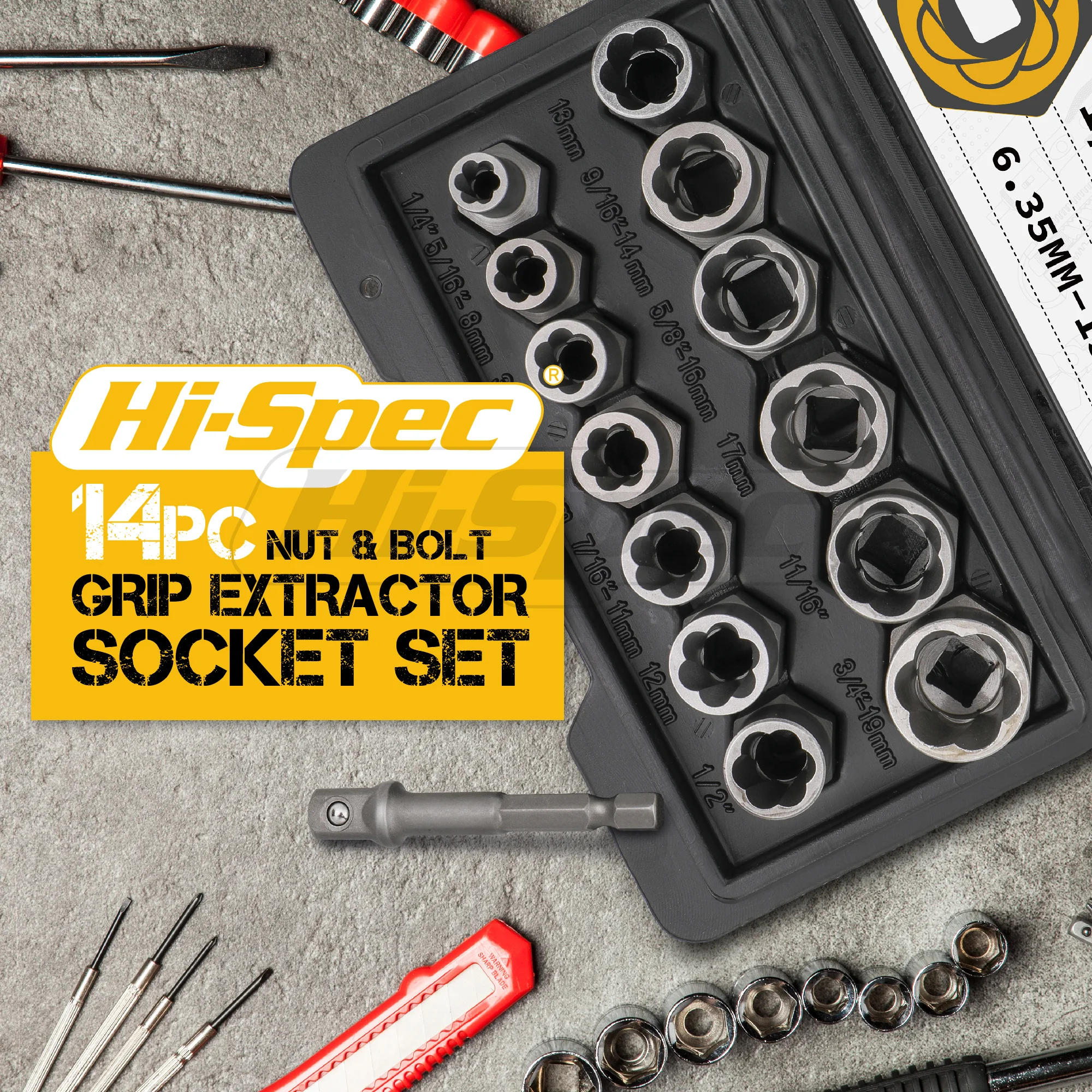 14pc 6.35-19mm Broken Screw Bolt Extractor Set. 3/8 Cr-Mo Socket Grip Remover & Drill Adapter for Damaged Removal. OEM ODM Ready
