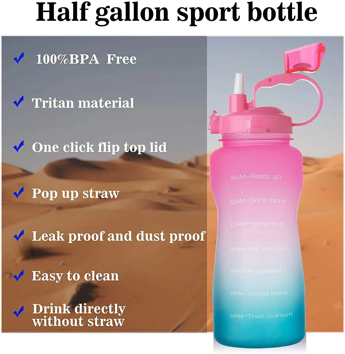 wholesale products 2000ml 64oz Tritan Hot Motivational Water Bottle with Handle & Removable Straw Water Jug with Time Marker