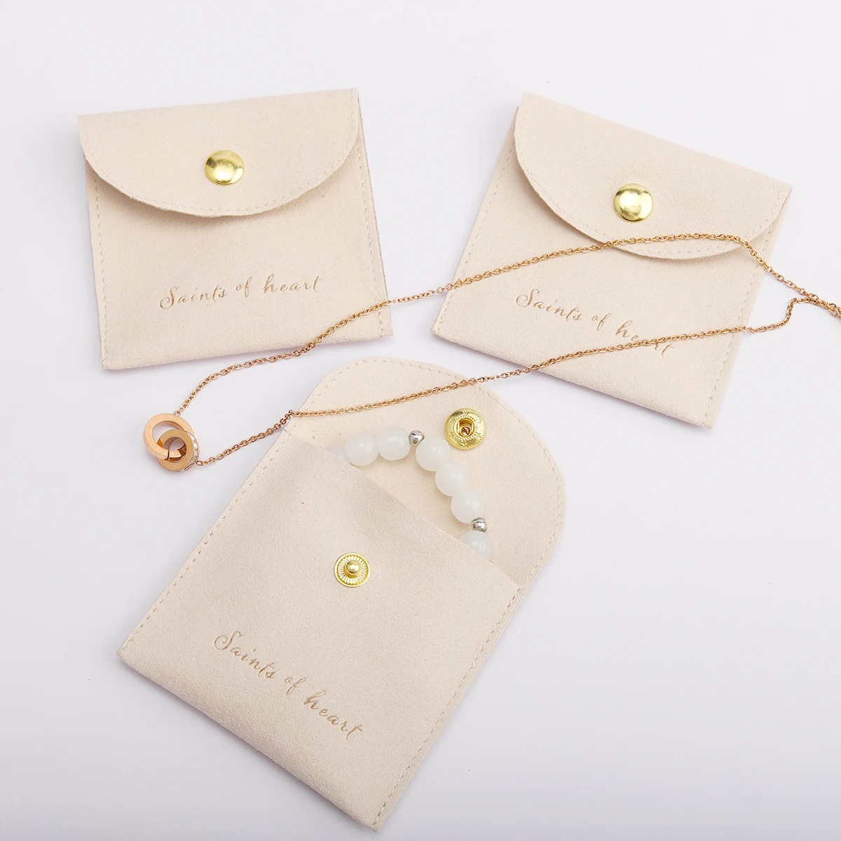 Custom Logo Printed Earrings Jewelry Packaging Bags Reusable Luxurious Flap Small Beige Envelope Microfiber Pouch