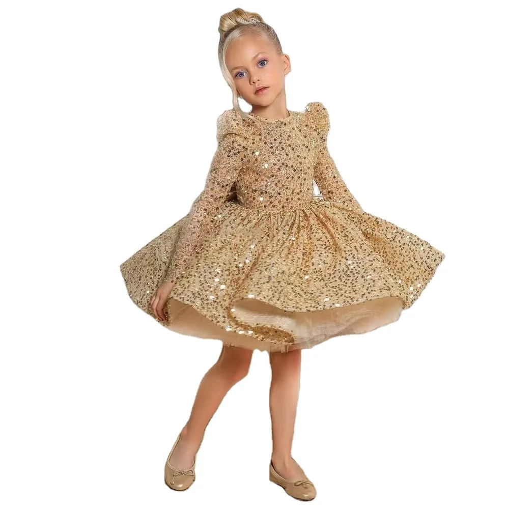 2024 New Style Ball Gown O-neck Long Sleeve Invisible Zipper Bow Sequin Golden Princess Dress