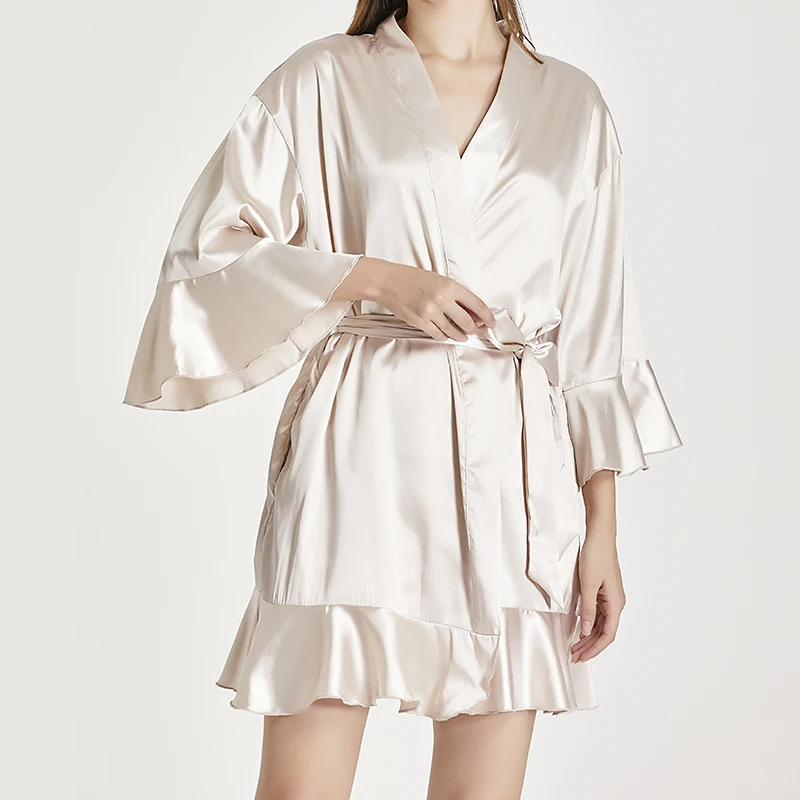 Hot French satin silk bridal robe sexy bathrobe luxury champagne travel photo bedroom Robe