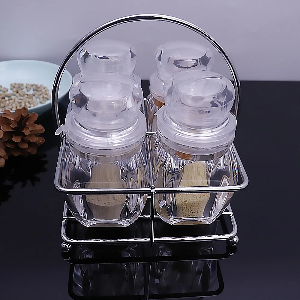 4 Pack Spice Jars Condiment Bottle with Organizer Rack ,Acrylic Countertop Herb and Spice Rack Organizer