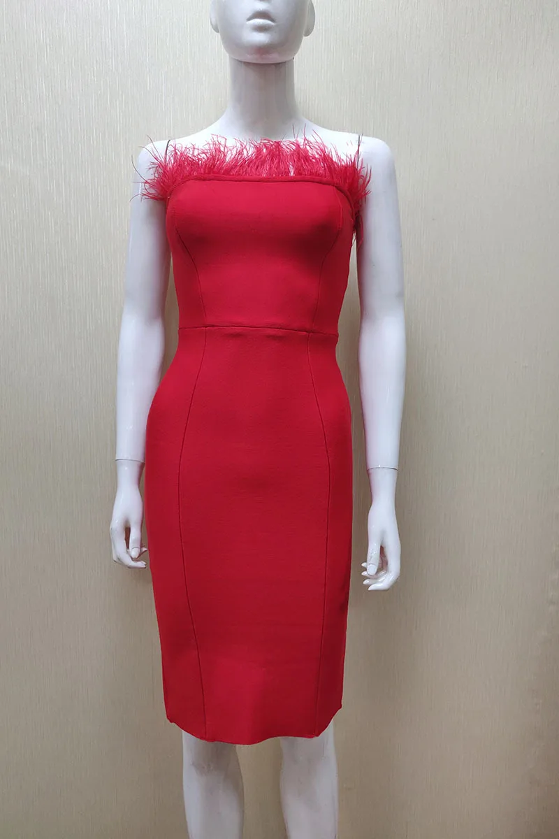 D8730 Feathered slim strapless cocktail bandage dress for women