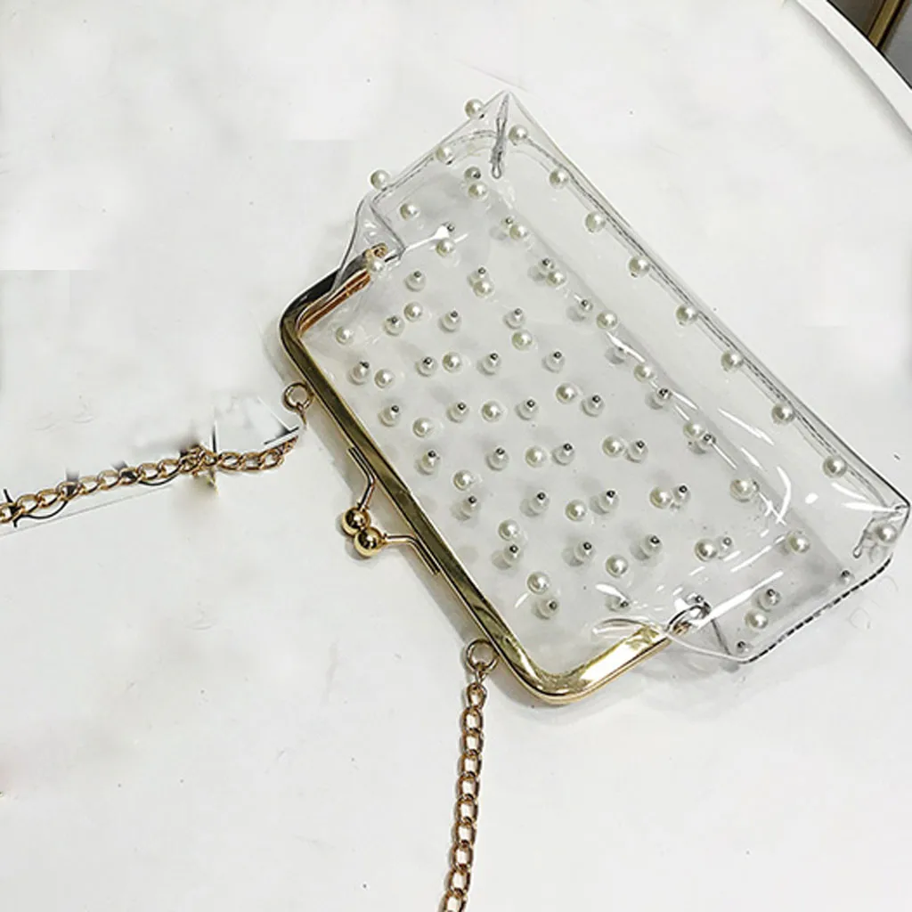 
Transparent Diagonal Package with Beading And Chain Shoulder Bag Handbag 