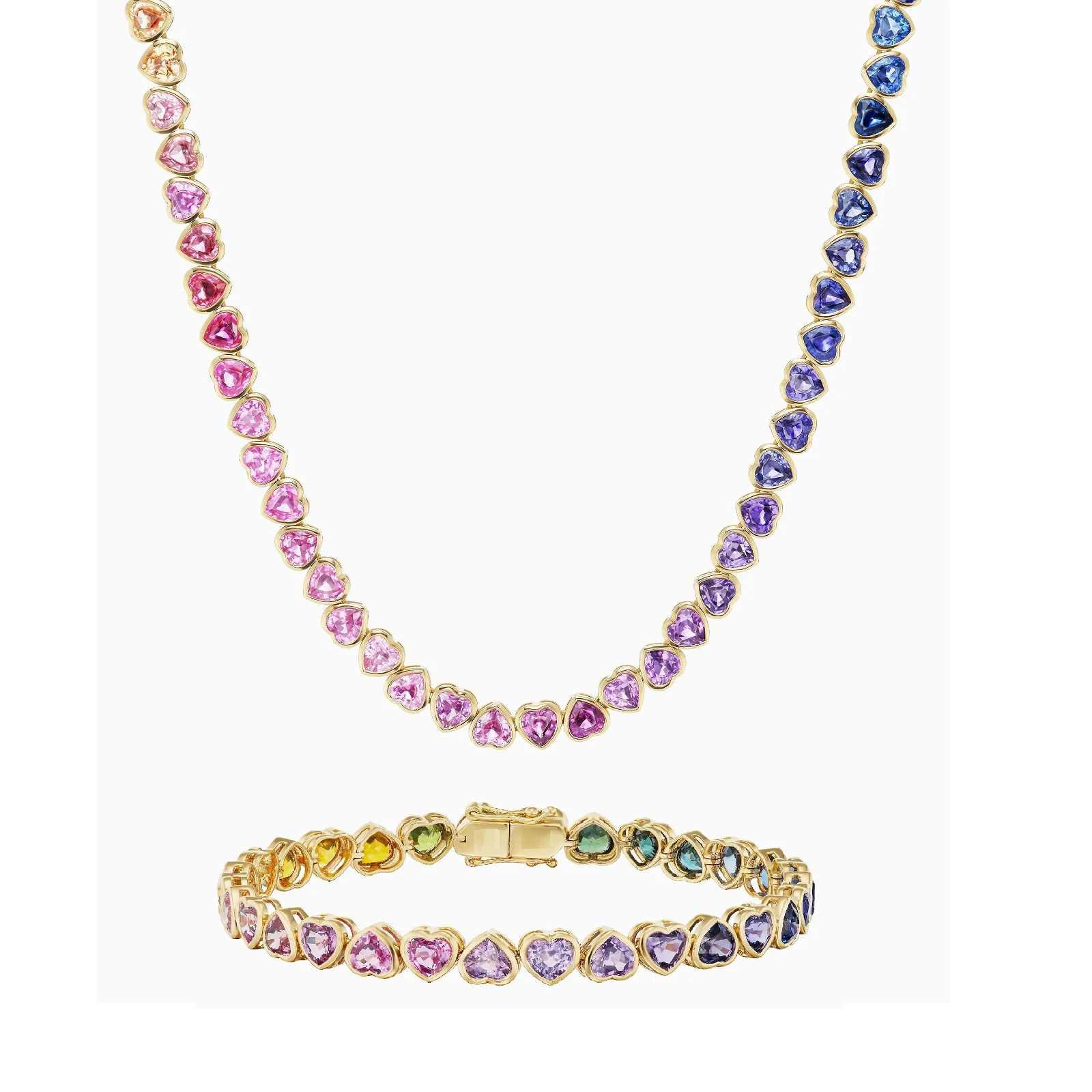 High Quality Colorful Heart Tennis Bracelet Necklace Micro Pave CZ 18K Gold Plated Fashion Wedding Party Jewelry Set