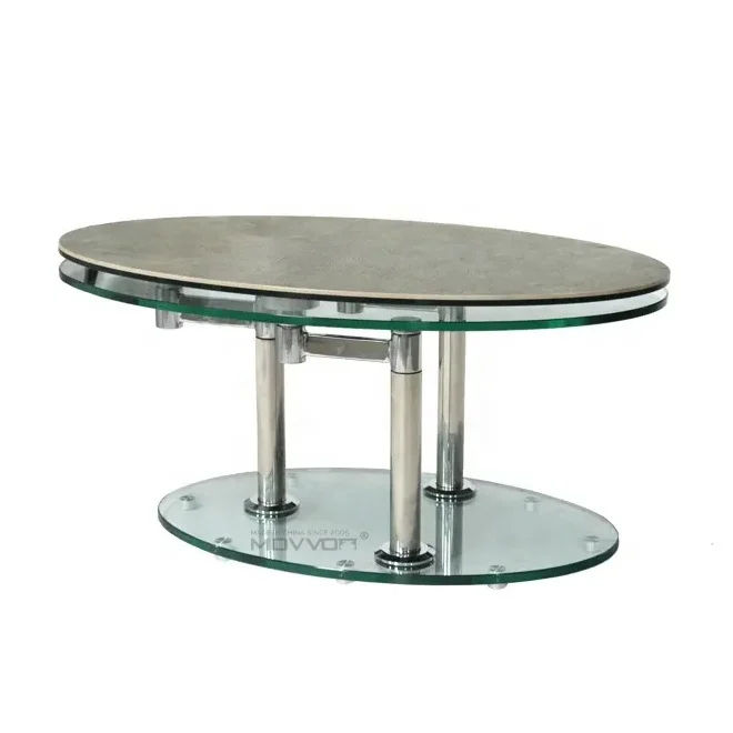 Modern functional  tempered glass top oval full swivel coffee table