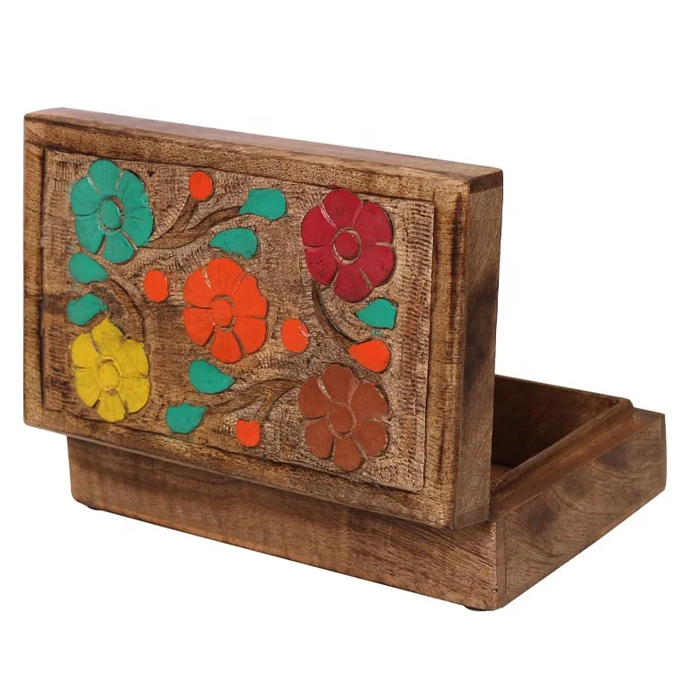 Деревянная шкатулка для хранения ювелирных изделий ручной работы, коробка для сакэ, резной цветной цветочный дизайн