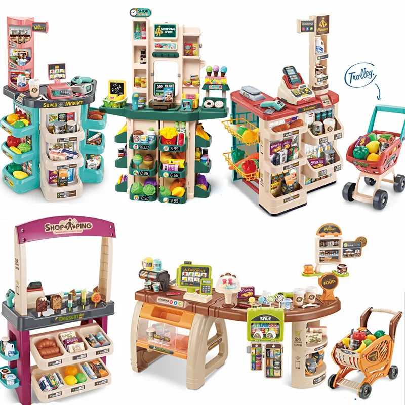 Wholesale Kids Supermarket Play Set Cash Register Toys With Shopping Cart Mini Light Sound Scanner & POS Machine Kitchen toy