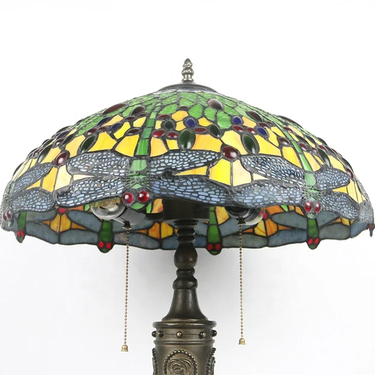 LongHuiJing Tiffany Style Dragonfly Design 2-light Table Lamp  Stained Glass Lampshade Deskt Light With Antique Resin Base