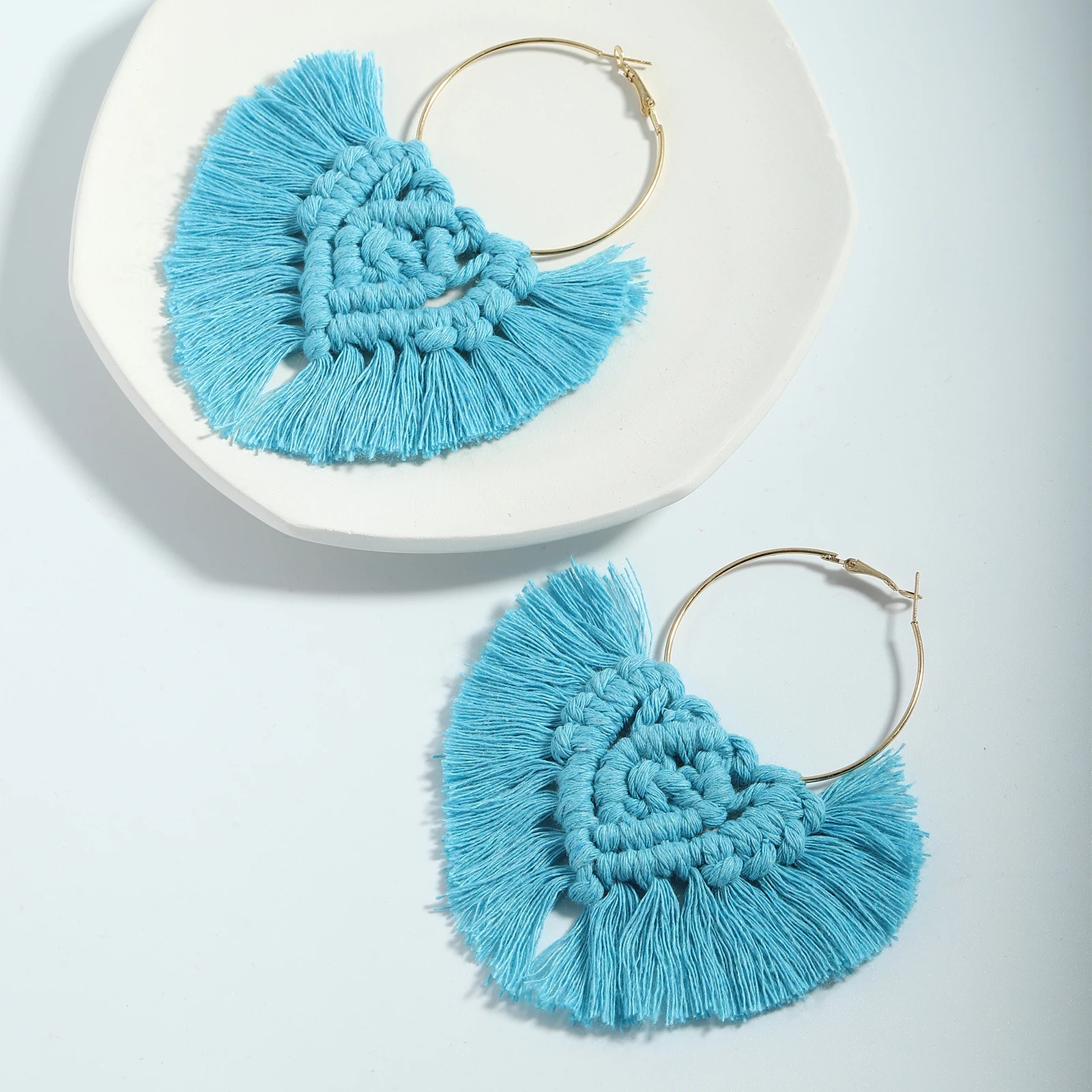 
Barlayc 2021 Fashion Earrings Trend 2021 Statement Design Macrame Wood Weave Dangle Earrings Good Hoop Color Drop Tassel Earring 