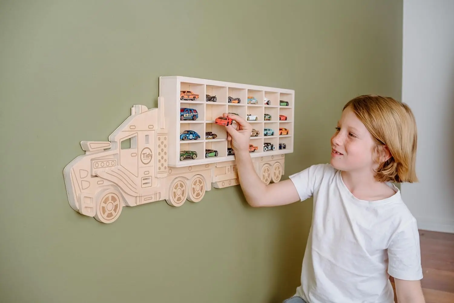 Wooden Car Storage Organizer Holds Cars Freestanding Wall Display cabinet Toy car storage shelf